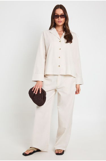 Linen Mix Tailored Straight Leg Trousers - natural beige