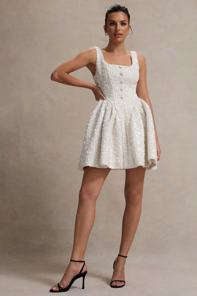 cream sequin boucle tailored mini dress CREAM SEQUIN BOUCLE TAILORED MINI DRESS Artofcb