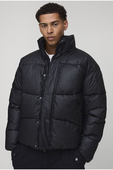 Regular Fit Crinkle High Shine Panelled Funnel Neck Puffer Jacket - black