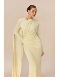 Forever Yours Light Yellow Draped Cape Asymmetric Maxi Dress - 2