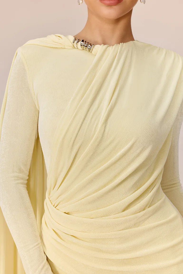 Forever Yours Light Yellow Draped Cape Asymmetric Maxi Dress - 5