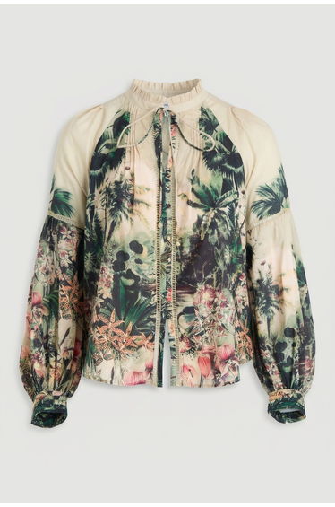 Plus Size Botanical Print Woven Balloon Sleeve Blouse