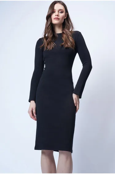 Women's Black Crew Neck Midi Length Knitted Dress