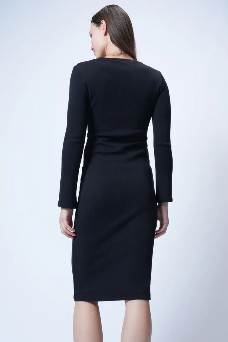 Women's Black Crew Neck Midi Length Knitted Dress - 7