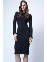 Women's Black Crew Neck Midi Length Knitted Dress - 2
