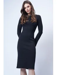 Women's Black Crew Neck Midi Length Knitted Dress - 6