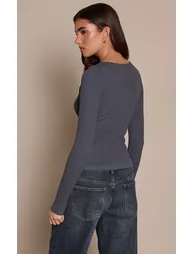 Contour Rib Boat Neck Long Sleeve Top - 2