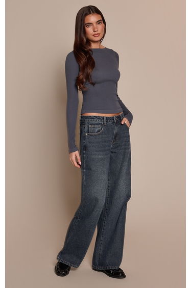 Contour Rib Boat Neck Long Sleeve Top
