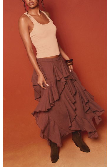 Chocolate Chiffon Tiered Ruffle Maxi Skirt