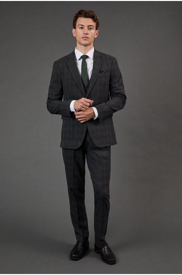 Charcoal Windowpane Check Slim Fit Suit Jacket
