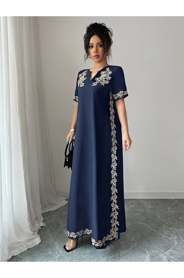 Navy Blue Floral Embroidered Jalabiya