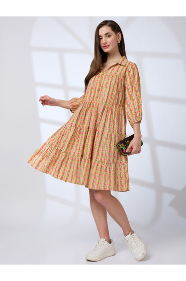 Yellow Shirt Collar Printed Workwear Knee Length Dress