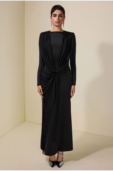 Mesh Pleated Tie-Up Maxi Dress