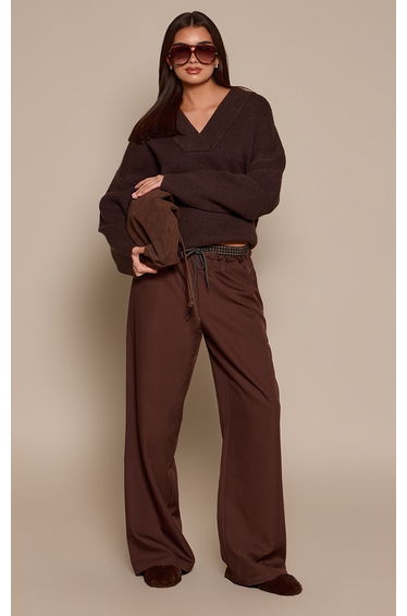 Chocolate Ribbed Collar V Neck Slouchy Jumper