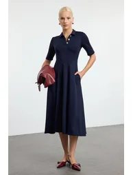 Navy Blue Button-down Collar Three Quarter Sleeve Skater/Waist Open Midi Knit Dress