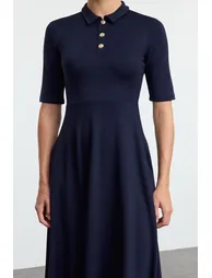 Navy Blue Button-down Collar Three Quarter Sleeve Skater/Waist Open Midi Knit Dress - 2