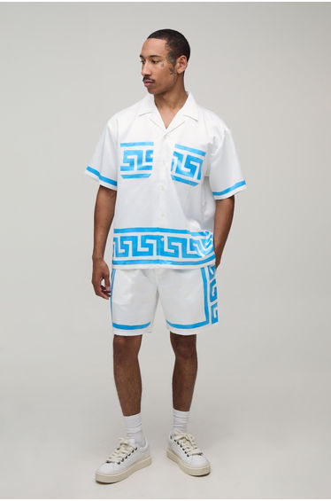 Oversized Short Sleeve Abstract Boarder Print Satin Shirt & Short Set - blue
