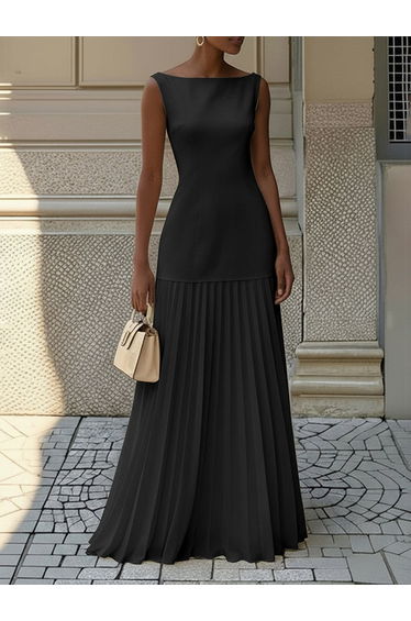 Sleeveless Gauze Pleated Solid Color Split-Joint Boat Neck Evening Dresses Maxi Dresses