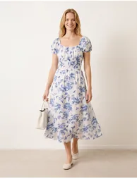 Off The Shoulder Puff Sleeve Shirred Print Dress - 1