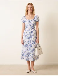 Off The Shoulder Puff Sleeve Shirred Print Dress - 2