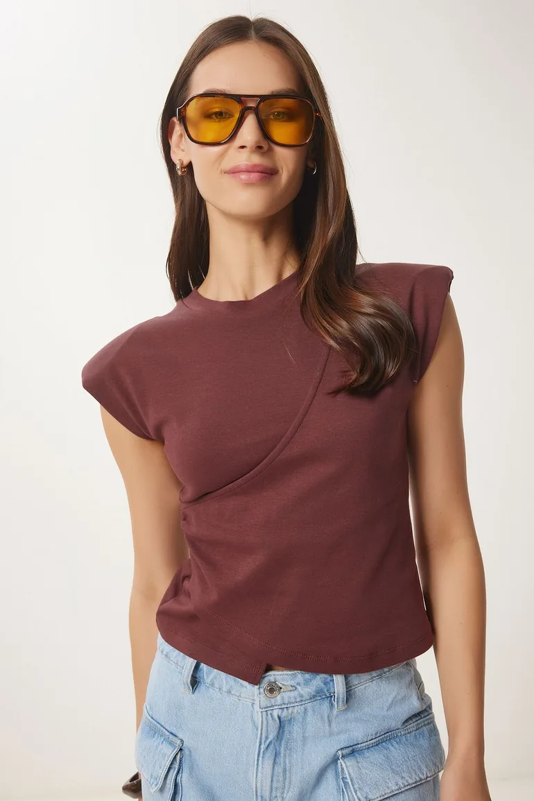 Women's Brown Padded Asymmetrical Knitted Blouse - 1