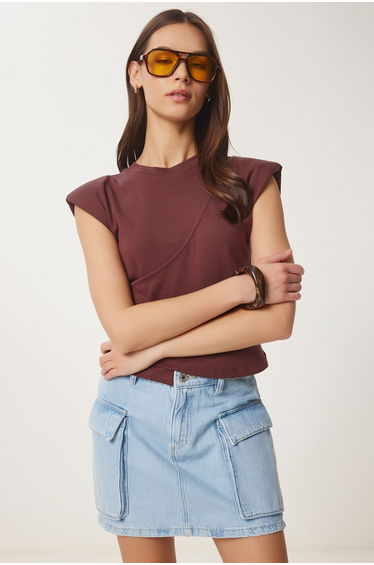 Women's Brown Padded Asymmetrical Knitted Blouse
