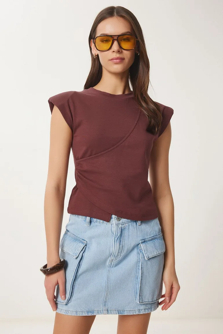 Women's Brown Padded Asymmetrical Knitted Blouse - 2