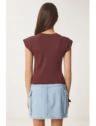 Women's Brown Padded Asymmetrical Knitted Blouse - 4