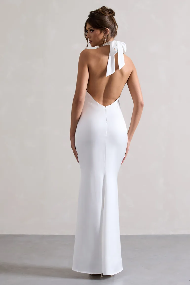 Shop Unbeatable | White Satin Cross Over Halter-Neck Maxi Dress Online in Oman Shop Unbeatable | White Satin Cross Over Halter-Neck Maxi Dress Online in Oman