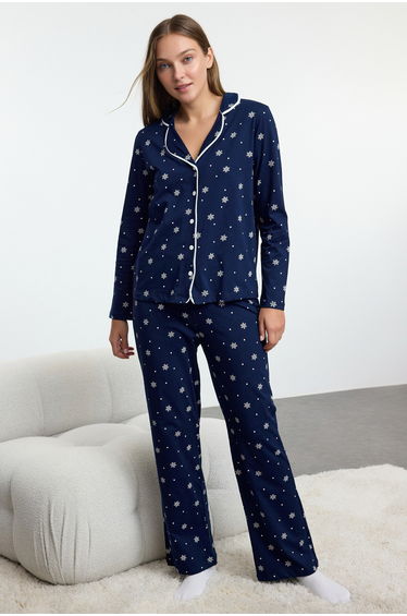 Navy Blue Printed Single Jersey Knitted Pajama Set