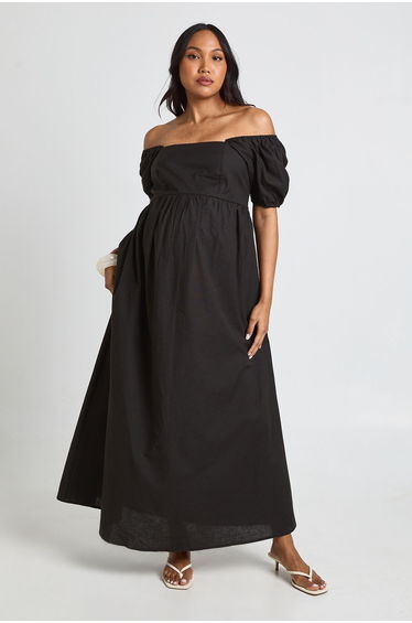 Maternity Linen Puff Sleeve Shirred Maxi Dress - black