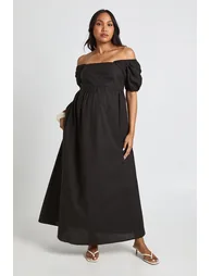Maternity Linen Puff Sleeve Shirred Maxi Dress - black