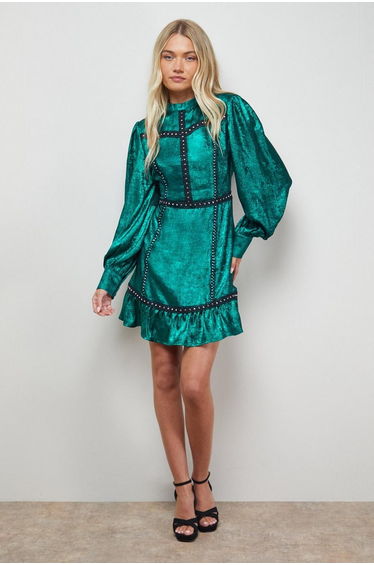 Stud Trim Long Sleeve High Neck Mini Dress