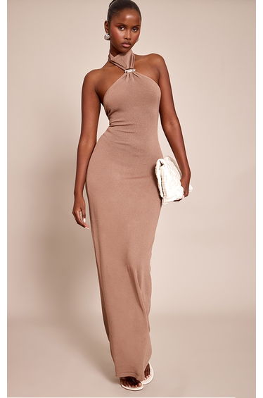 Mocha Trim Halter Neck Knitted Maxi Dress