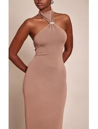 فستان ماكسي محبوك بياقة هالتر - بني - 3