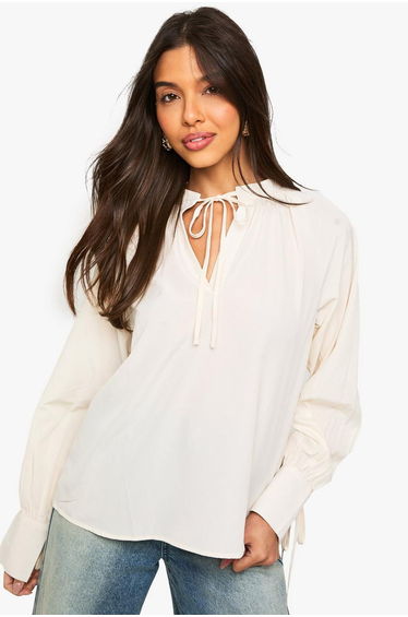 Crinkle Tie Neck Blouse - ecru