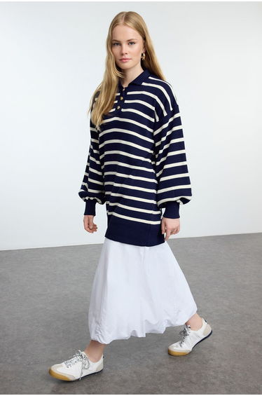 Navy Blue Striped Balloon Sleeve Polo Neck Knitwear Sweater