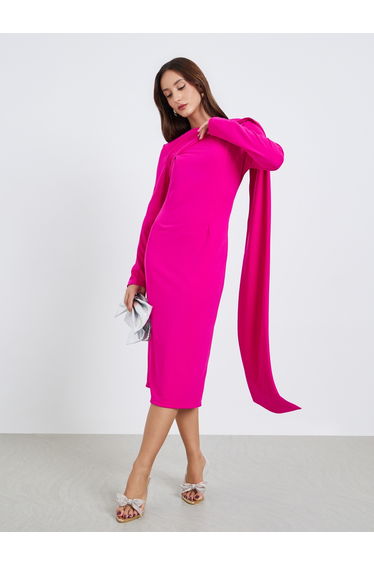Women Purple Long Sleeve Cape Detail Midi Dress