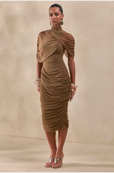 Olive Mesh High-Neck Midi Dress With Short Cape-Sleeves And Gathered-Detailing