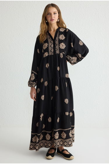 Black Ethnic Patterned V Neck Woven Viscose Dress