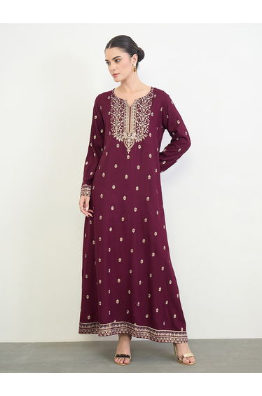 Burgundy Border Print Long Sleeve Jalabiya
