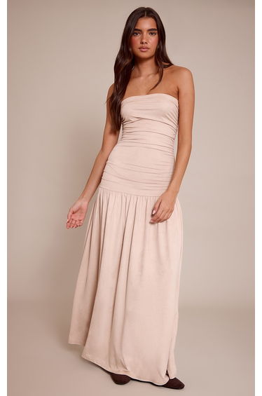 Taupe Faux Suede Bandeau Dropped Waist Maxi Dress
