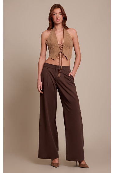 Tan Faux Suede Lace Up Plunge Halterneck Top