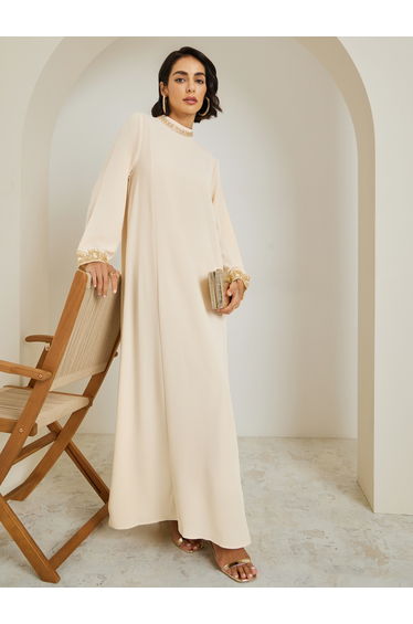 Women Lace Trim Flared Sleeve Jalabiya