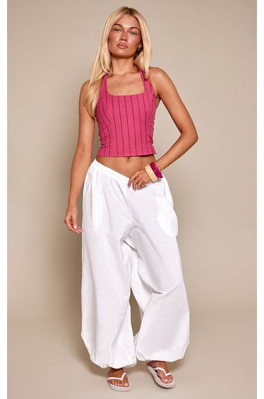 Pink Stripe Cotton Lace Back Halterneck Top