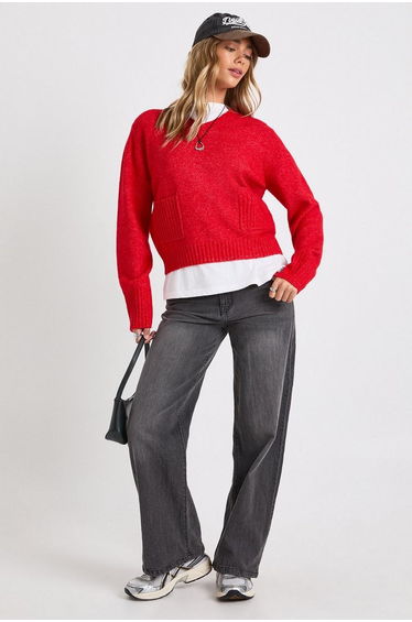 V Neck Pocket Detail Oversized Knitted Jumper - red