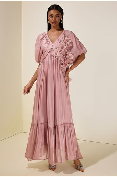Satin V-Neck Cape Sleeve 3D Flower Maxi Dress