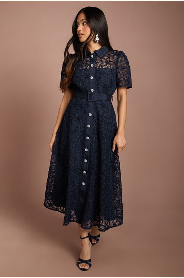 Petite Floral Lace Collared Midi Dress