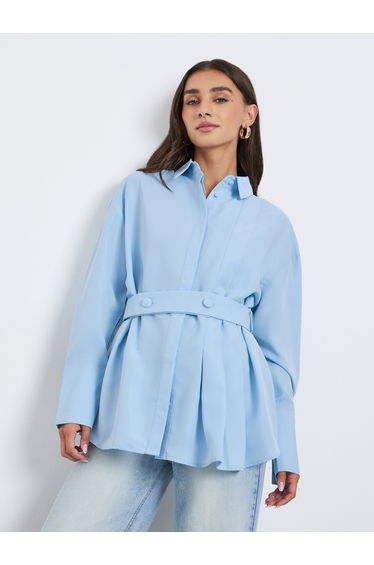 Blue Longline Belted Shirt