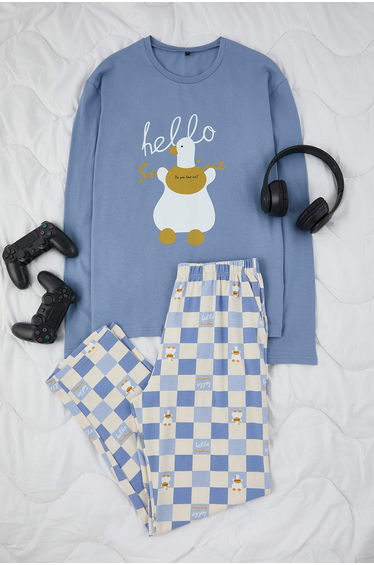 Blue Long Sleeve Cotton Plaid Pattern Duck Printed Pajamas Set